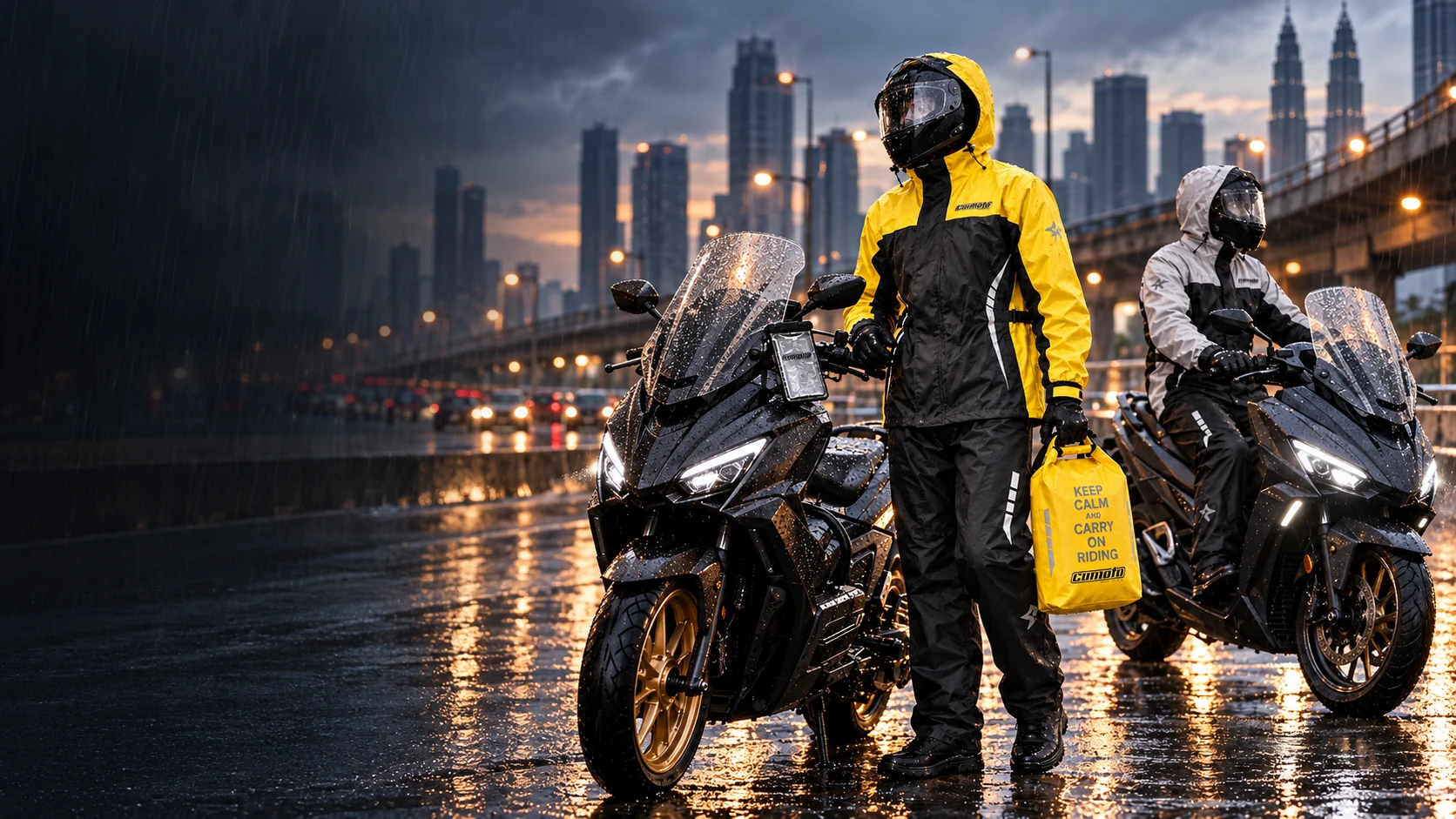 Two riders in yellow and grey Comoto rainwear beside their motorcycles on a wet city street